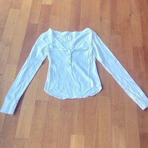 White Long-Sleeve Ribbed Henley Women's Top